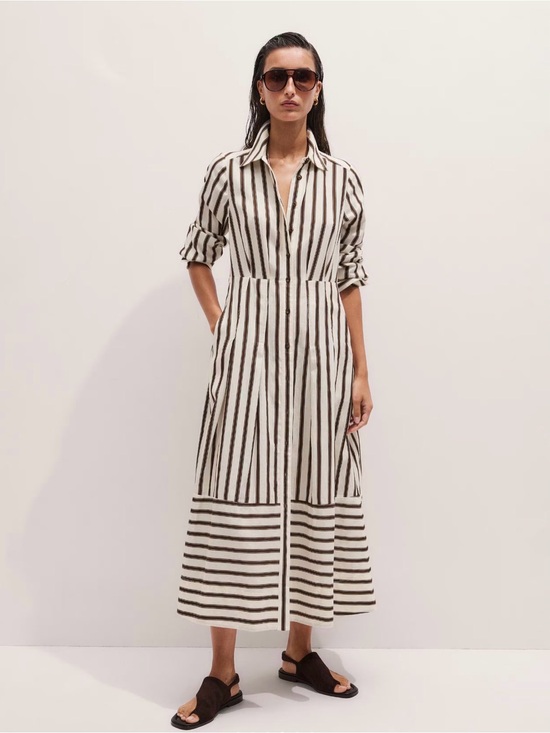 ME+EM Dresses & Skirts - ME+EM Ivory Linen Shirt Dress with Brown Stripes
